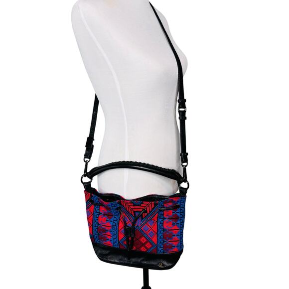 Leather Boho Aztec Western Embroidered Crossbody Bucket Bag Elliott Lucca Black - Picture 16 of 16